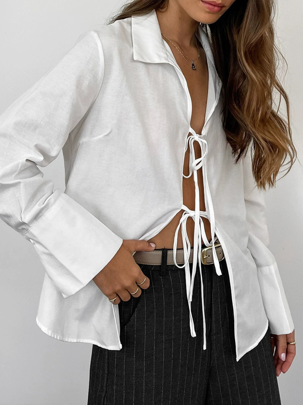 Zara Russian White Sheer Long Sleeve Shirt Collar Tie Waist Cardigan